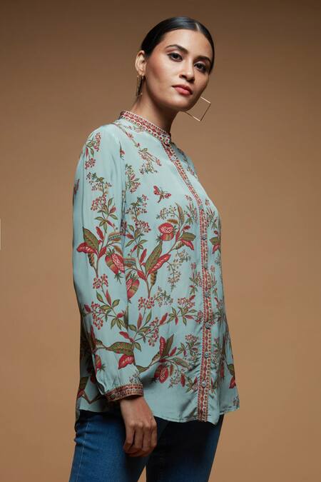 Nirraamyaa_Blue Bamboo Rhinestones Mandarin Collar Floral Embellished Shirt _Online_at_Aza_Fashions