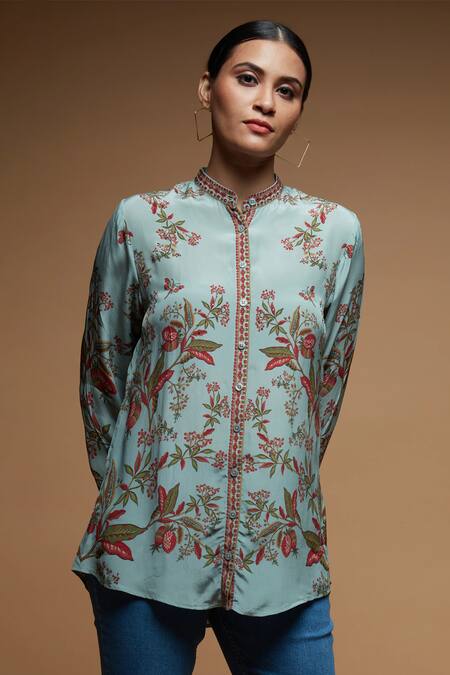 Buy_Nirraamyaa_Blue Bamboo Rhinestones Mandarin Collar Floral Embellished Shirt _Online_at_Aza_Fashions