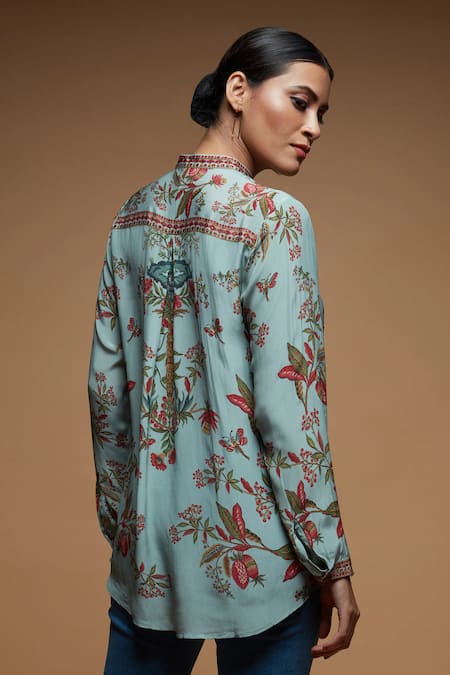 Shop_Nirraamyaa_Blue Bamboo Rhinestones Mandarin Collar Floral Embellished Shirt _at_Aza_Fashions