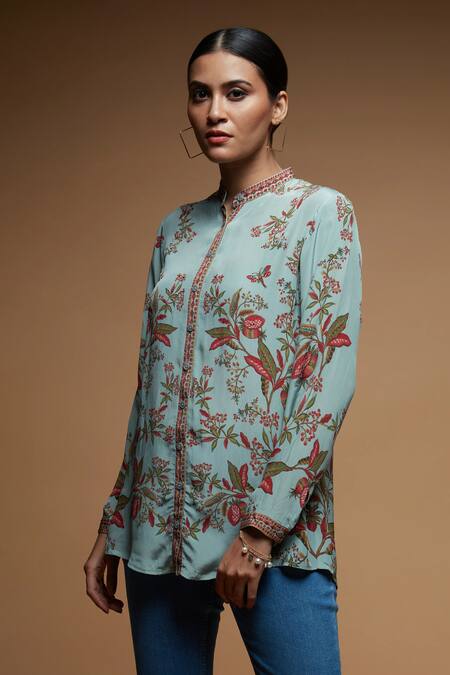 Shop_Nirraamyaa_Blue Bamboo Rhinestones Mandarin Collar Floral Embellished Shirt _Online_at_Aza_Fashions