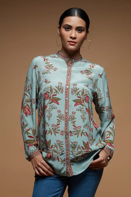 Nirraamyaa Floral Rhinestone Embellished Shirt 