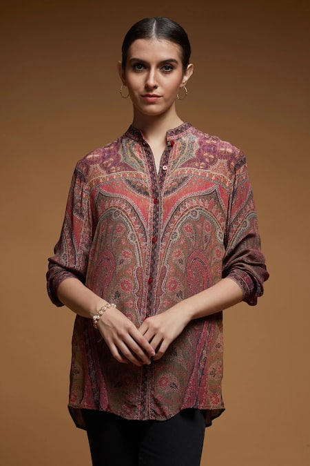 Nirraamyaa_Brown Bamboo Rhinestones Mandarin Collar Paisley Pattern Shirt _Online_at_Aza_Fashions