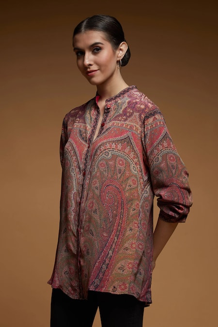Buy_Nirraamyaa_Brown Bamboo Rhinestones Mandarin Collar Paisley Pattern Shirt _Online_at_Aza_Fashions