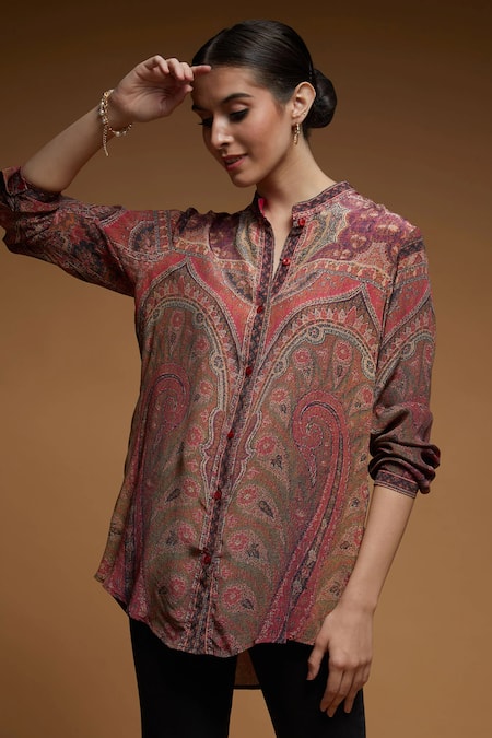 Shop_Nirraamyaa_Brown Bamboo Rhinestones Mandarin Collar Paisley Pattern Shirt _Online_at_Aza_Fashions
