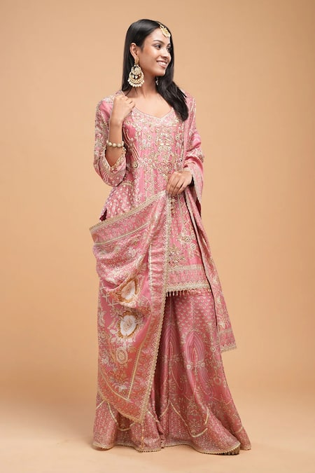 Nirraamyaa_Pink Brocade, Georgette, Viscose Rhinestones Round Neck Embellished Kurta Set _Online_at_Aza_Fashions