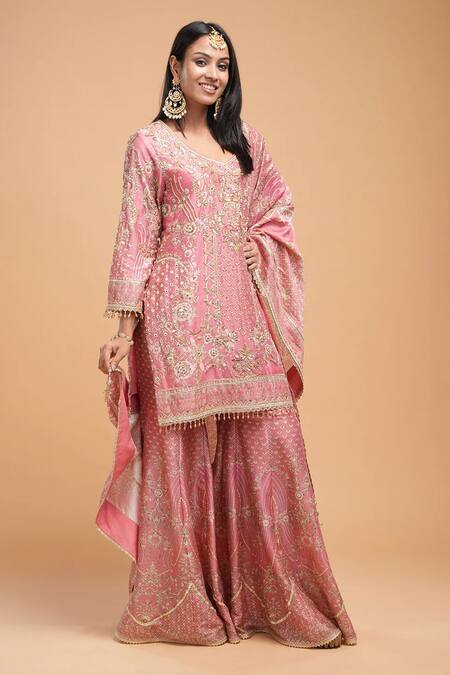Buy_Nirraamyaa_Pink Brocade, Georgette, Viscose Rhinestones Round Neck Embellished Kurta Set _Online_at_Aza_Fashions