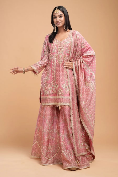 Shop_Nirraamyaa_Pink Brocade, Georgette, Viscose Rhinestones Round Neck Embellished Kurta Set _Online_at_Aza_Fashions