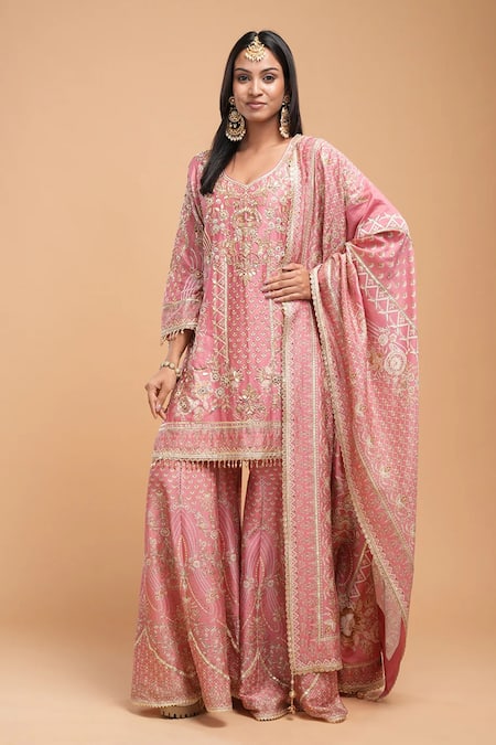 Nirraamyaa Pink Brocade, Georgette, Viscose Rhinestones Round Neck Embellished Kurta Set 