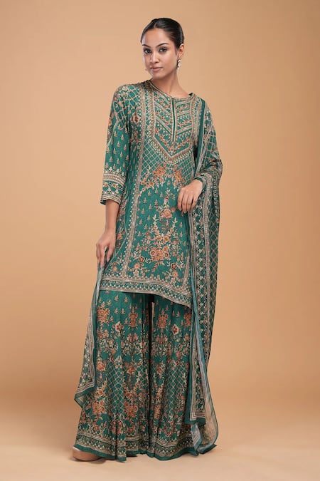 Nirraamyaa_Green Georgette, Brocade, Viscose Rhinestones Round Neck Designer Kurta Set  _Online_at_Aza_Fashions