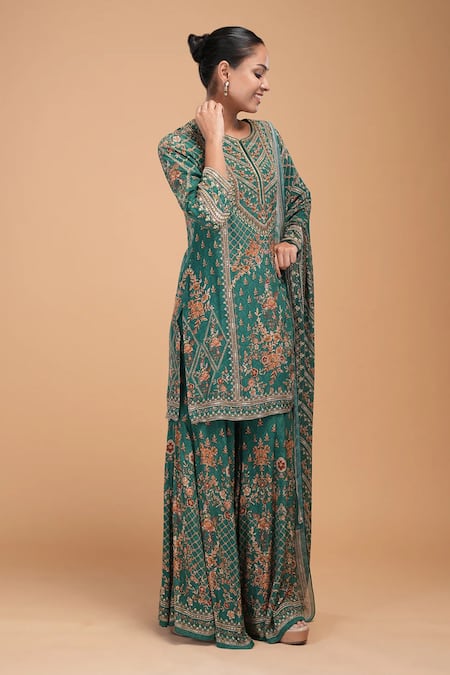 Buy_Nirraamyaa_Green Georgette, Brocade, Viscose Rhinestones Round Neck Designer Kurta Set  _Online_at_Aza_Fashions