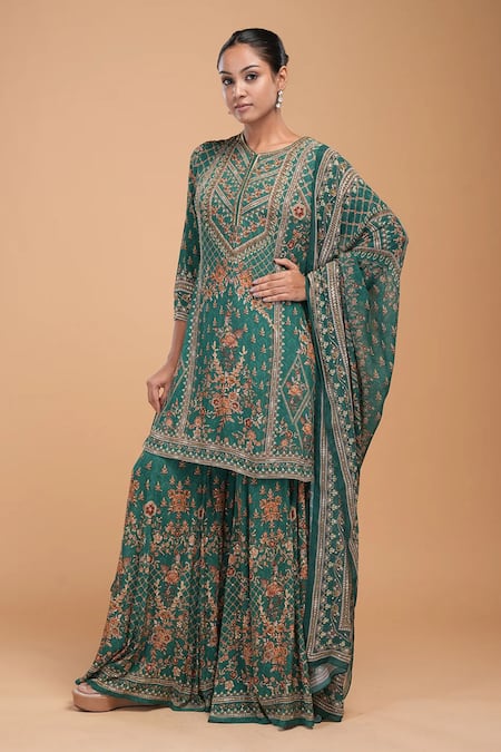 Shop_Nirraamyaa_Green Georgette, Brocade, Viscose Rhinestones Round Neck Designer Kurta Set  _Online_at_Aza_Fashions