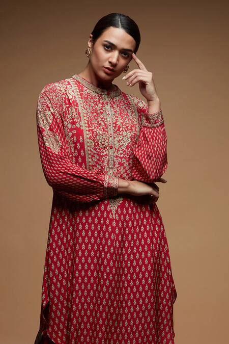 Buy Nirraamyaa Red Bemberg Rhinestones Round Neck Crepe Kurta Set Online at Aza Fashions Buy_Nirraamyaa_Red Bemberg Rhinestones Round Neck Crepe Kurta Set _Online_at_Aza_Fashions