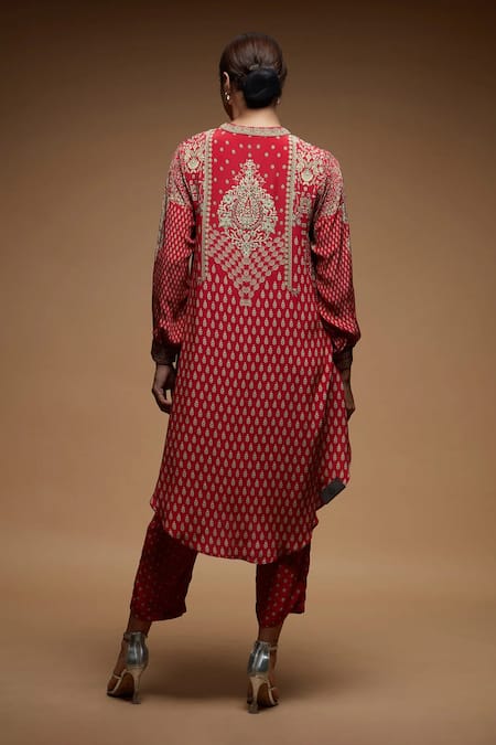 Shop Nirraamyaa Red Bemberg Rhinestones Round Neck Crepe Kurta Set at Aza Fashions Shop_Nirraamyaa_Red Bemberg Rhinestones Round Neck Crepe Kurta Set _at_Aza_Fashions