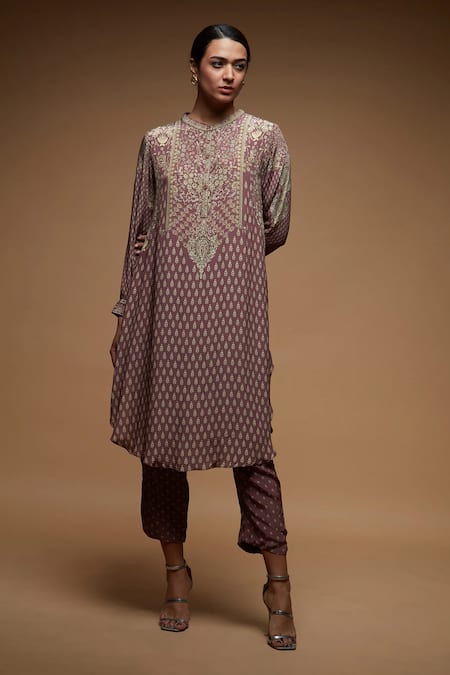 Nirraamyaa_Pink Bemberg Rhinestones Round Neck Designer Kurta Set With _at_Aza_Fashions