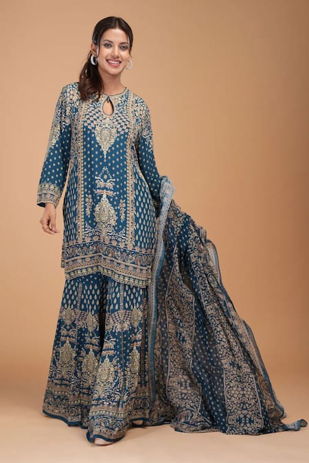 Nirraamyaa Blue Brocade, Georgette, Viscose Rhinestones Keyhole Neck Designer Kurta Set Online at Aza Fashions Nirraamyaa_Blue Brocade, Georgette, Viscose Rhinestones Keyhole Neck Designer Kurta Set _Online_at_Aza_Fashions