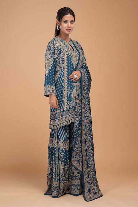 Buy Nirraamyaa Blue Brocade, Georgette, Viscose Rhinestones Keyhole Neck Designer Kurta Set Online at Aza Fashions Buy_Nirraamyaa_Blue Brocade, Georgette, Viscose Rhinestones Keyhole Neck Designer Kurta Set _Online_at_Aza_Fashions