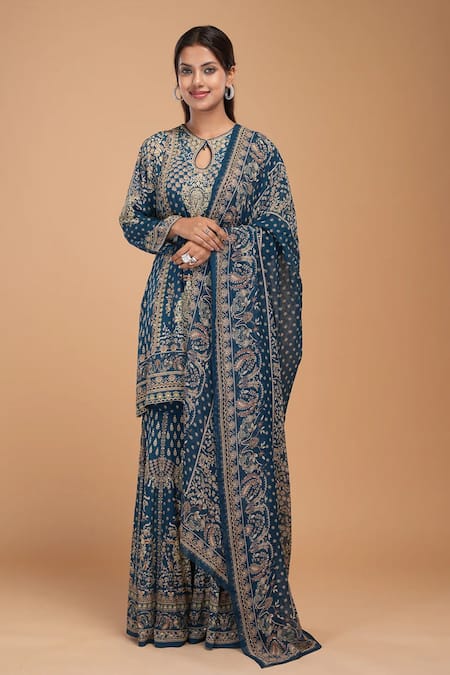 NIRRAAMYAA Blue Brocade, Georgette, Viscose Rhinestones Keyhole Neck Designer Kurta Set 