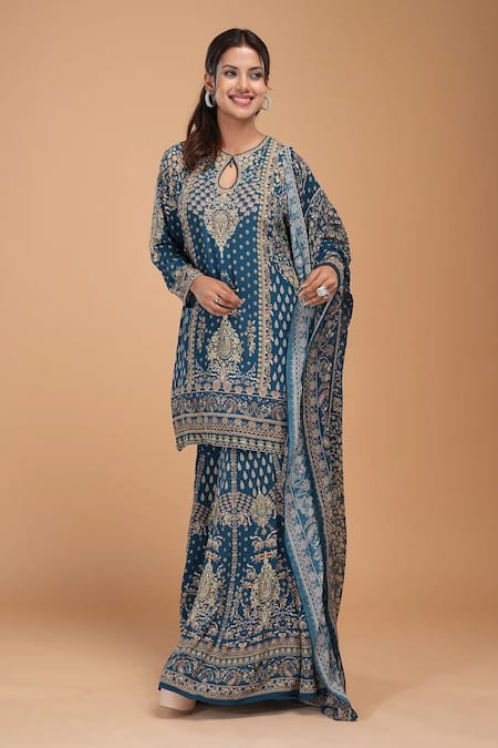 Shop Nirraamyaa Blue Brocade, Georgette, Viscose Rhinestones Keyhole Neck Designer Kurta Set Online at Aza Fashions Shop_Nirraamyaa_Blue Brocade, Georgette, Viscose Rhinestones Keyhole Neck Designer Kurta Set _Online_at_Aza_Fashions