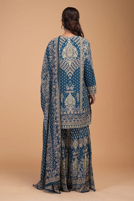 Nirraamyaa Blue Brocade, Georgette, Viscose Rhinestones Keyhole Neck Designer Kurta Set at Aza Fashions Nirraamyaa_Blue Brocade, Georgette, Viscose Rhinestones Keyhole Neck Designer Kurta Set _at_Aza_Fashions