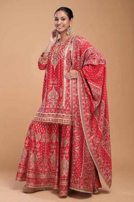 Nirraamyaa_Red Brocade, Georgette Rhinestones, Embroidery Keyhole Neck Designer Kurta Set _Online_at_Aza_Fashions