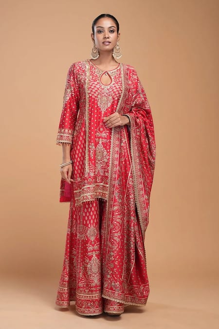 Buy_Nirraamyaa_Red Brocade, Georgette Rhinestones, Embroidery Keyhole Neck Designer Kurta Set _Online_at_Aza_Fashions