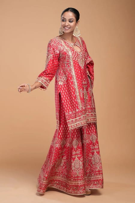 Shop_Nirraamyaa_Red Brocade, Georgette Rhinestones, Embroidery Keyhole Neck Designer Kurta Set _Online_at_Aza_Fashions