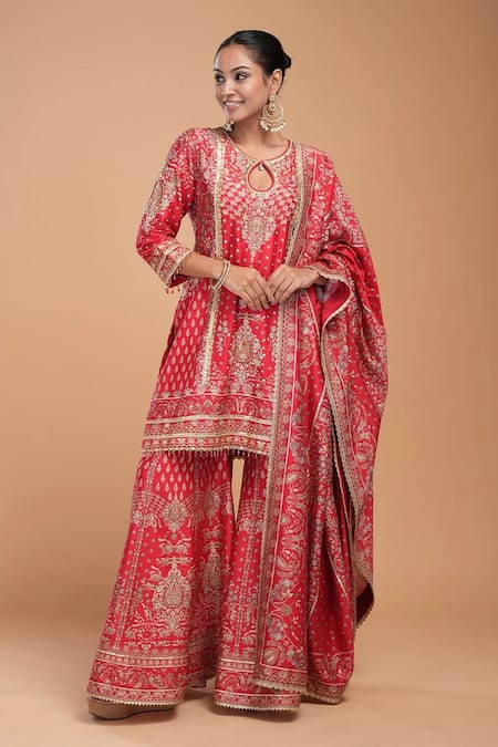 NIRRAAMYAA Red Brocade, Georgette Rhinestones, Embroidery Keyhole Neck Designer Kurta Set 