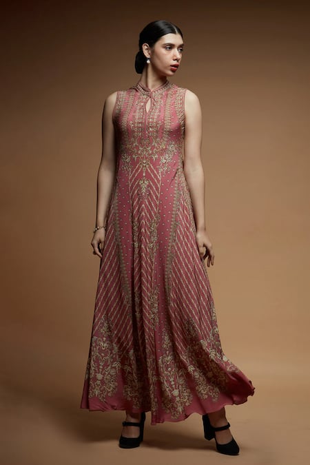 Nirraamyaa Pink Brocade Rhinestones Keyhole Neck Designer Gown Online at Aza Fashions Nirraamyaa_Pink Brocade Rhinestones Keyhole Neck Designer Gown _Online_at_Aza_Fashions