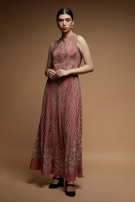 Buy Nirraamyaa Pink Brocade Rhinestones Keyhole Neck Designer Gown Online at Aza Fashions Buy_Nirraamyaa_Pink Brocade Rhinestones Keyhole Neck Designer Gown _Online_at_Aza_Fashions