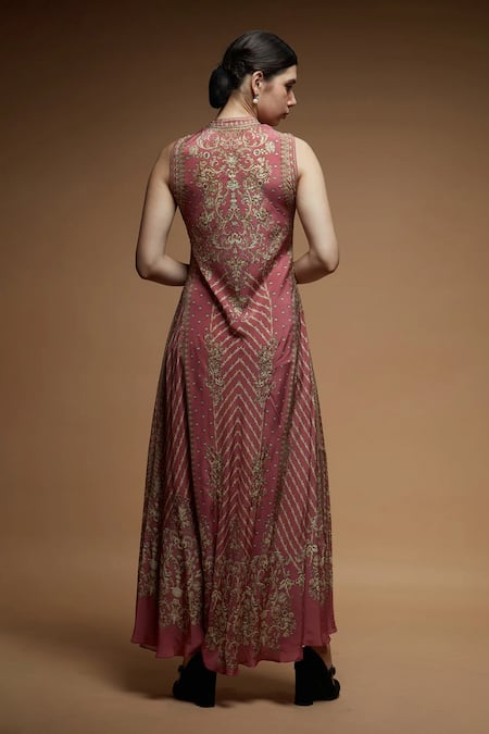 Shop Nirraamyaa Pink Brocade Rhinestones Keyhole Neck Designer Gown at Aza Fashions Shop_Nirraamyaa_Pink Brocade Rhinestones Keyhole Neck Designer Gown _at_Aza_Fashions