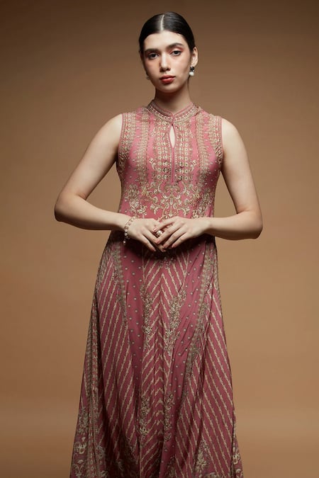 Shop Nirraamyaa Pink Brocade Rhinestones Keyhole Neck Designer Gown Online at Aza Fashions Shop_Nirraamyaa_Pink Brocade Rhinestones Keyhole Neck Designer Gown _Online_at_Aza_Fashions