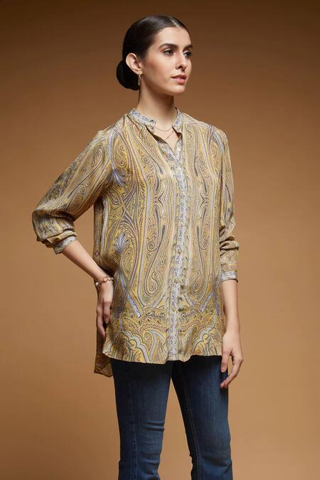 Nirraamyaa_Mustard Rhinestones Mandarin Collar Yellow Embroidered Shirt _Online_at_Aza_Fashions