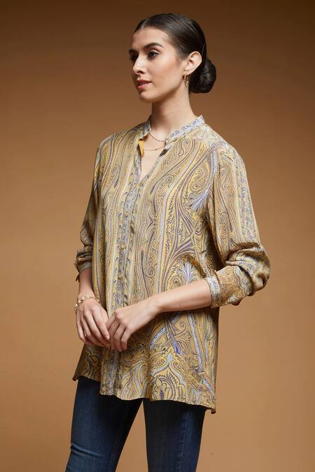 Buy_Nirraamyaa_Mustard Rhinestones Mandarin Collar Yellow Embroidered Shirt _Online_at_Aza_Fashions