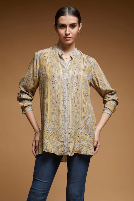NIRRAAMYAA Mustard Rhinestones Mandarin Collar Yellow Embroidered Shirt 