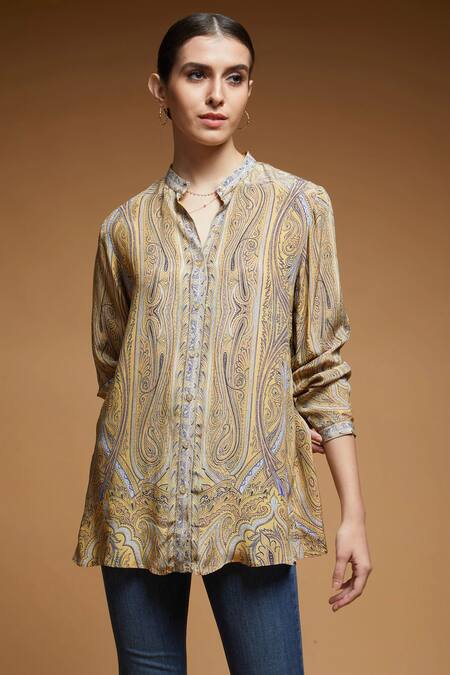 Shop_Nirraamyaa_Mustard Rhinestones Mandarin Collar Yellow Embroidered Shirt _Online_at_Aza_Fashions