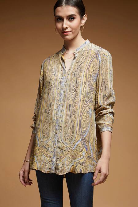 Nirraamyaa_Mustard Rhinestones Mandarin Collar Yellow Embroidered Shirt _at_Aza_Fashions