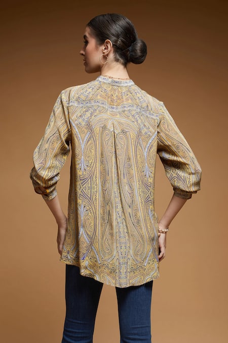 Nirraamyaa Mustard Yellow Rhinestone Embroidered Shirt 