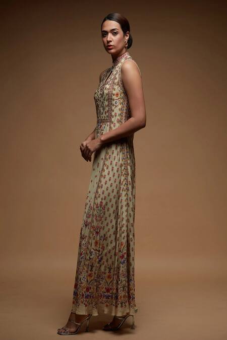 Nirraamyaa_Beige Rhinestones Keyhole Neck Embroidered Gown _Online_at_Aza_Fashions