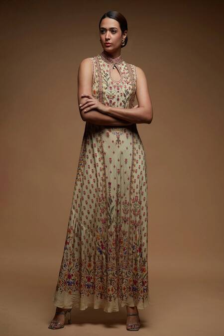 Nirraamyaa_Beige Rhinestones Keyhole Neck Embroidered Gown _at_Aza_Fashions