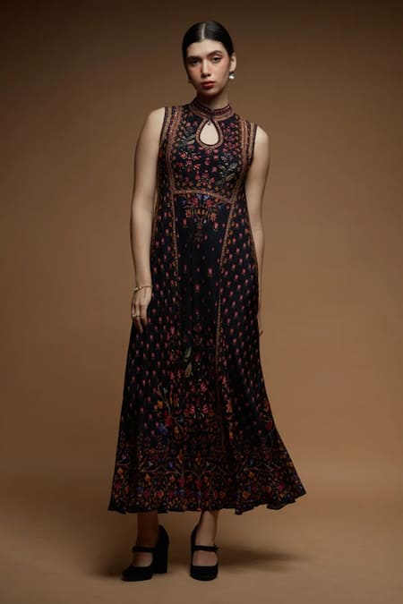 NIRRAAMYAA Black Brocade Rhinestones Keyhole Neck Embellished Gown 