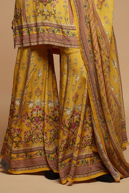 Buy Nirraamyaa Mustard Brocade, Georgette Rhinestones Split V-neck Yellow Kurta Sharara Set Buy_Nirraamyaa_Mustard Brocade, Georgette Rhinestones Split V-neck Yellow Kurta Sharara Set