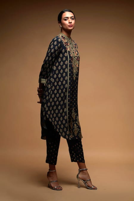 Shop Nirraamyaa Black Bamboo Rhinestones Round Neck Embroidered Kurta Set Online at Aza Fashions Shop_Nirraamyaa_Black Bamboo Rhinestones Round Neck Embroidered Kurta Set _Online_at_Aza_Fashions