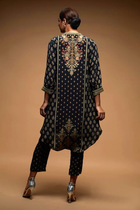 Shop Nirraamyaa Black Bamboo Rhinestones Round Neck Embroidered Kurta Set at Aza Fashions Shop_Nirraamyaa_Black Bamboo Rhinestones Round Neck Embroidered Kurta Set _at_Aza_Fashions