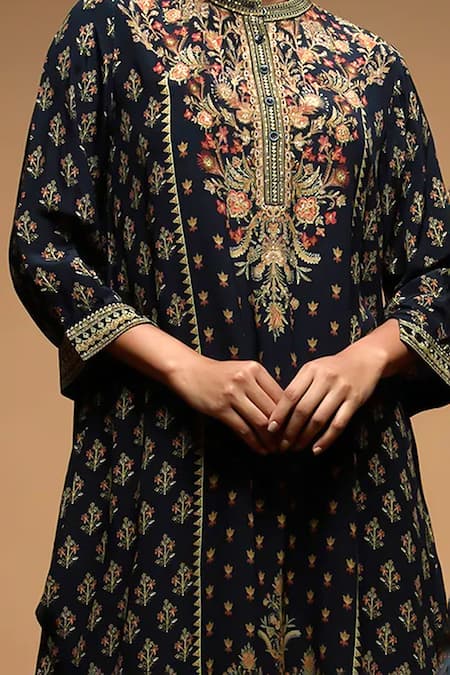 Nirraamyaa Black Bamboo Rhinestones Round Neck Embroidered Kurta Set at Aza Fashions Nirraamyaa_Black Bamboo Rhinestones Round Neck Embroidered Kurta Set _at_Aza_Fashions