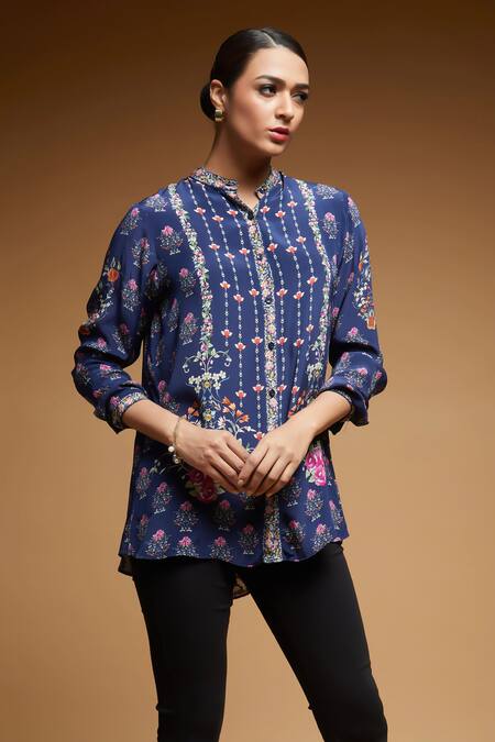 Nirraamyaa Blue Bamboo Rhinestones Mandarin Collar Floral Embroidered Shirt Online at Aza Fashions Nirraamyaa_Blue Bamboo Rhinestones Mandarin Collar Floral Embroidered Shirt _Online_at_Aza_Fashions