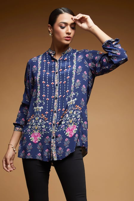 NIRRAAMYAA Blue Bamboo Rhinestones Mandarin Collar Floral Embroidered Shirt 