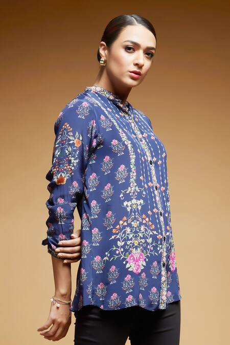 Buy Nirraamyaa Blue Bamboo Rhinestones Mandarin Collar Floral Embroidered Shirt Online at Aza Fashions Buy_Nirraamyaa_Blue Bamboo Rhinestones Mandarin Collar Floral Embroidered Shirt _Online_at_Aza_Fashions