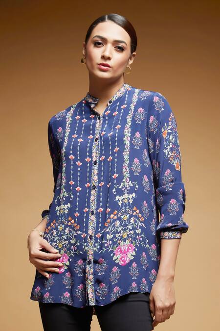Shop Nirraamyaa Blue Bamboo Rhinestones Mandarin Collar Floral Embroidered Shirt Online at Aza Fashions Shop_Nirraamyaa_Blue Bamboo Rhinestones Mandarin Collar Floral Embroidered Shirt _Online_at_Aza_Fashions