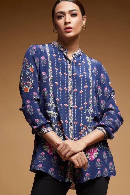 Nirraamyaa Blue Bamboo Rhinestones Mandarin Collar Floral Embroidered Shirt at Aza Fashions Nirraamyaa_Blue Bamboo Rhinestones Mandarin Collar Floral Embroidered Shirt _at_Aza_Fashions