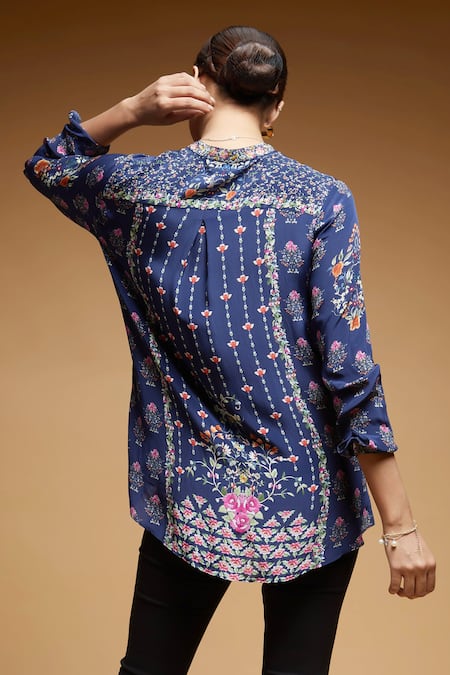 Shop Nirraamyaa Blue Bamboo Rhinestones Mandarin Collar Floral Embroidered Shirt at Aza Fashions Shop_Nirraamyaa_Blue Bamboo Rhinestones Mandarin Collar Floral Embroidered Shirt _at_Aza_Fashions